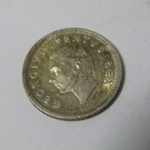 1950 South Africa Silver AU sixpence with cracked die marks near date