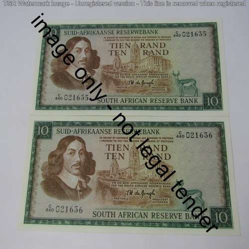 TW de Jongh 3rd issue 1975 consecutive lot of 10 x R10 banknotes