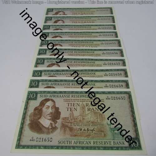 TW de Jongh 3rd issue 1975 consecutive lot of 10 x R10 banknotes