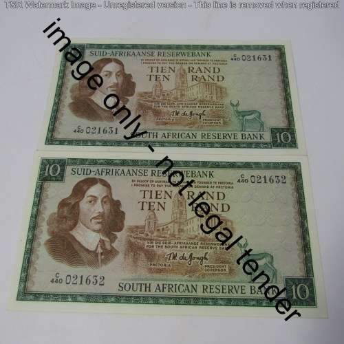 TW de Jongh 3rd issue 1975 consecutive lot of 10 x R10 banknotes
