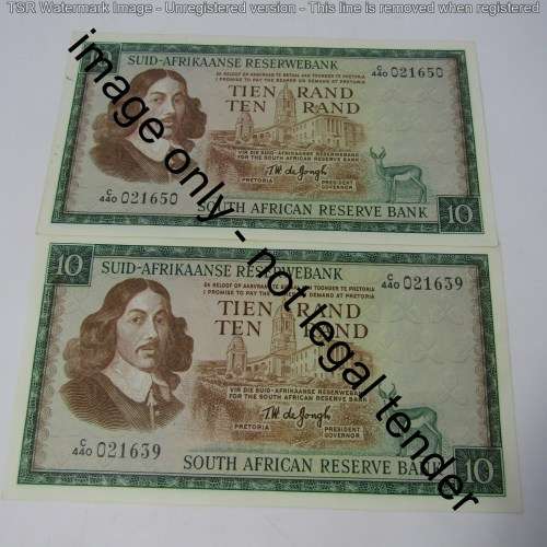TW de Jongh 3rd issue 1975 consecutive lot of 10 x R10 banknotes