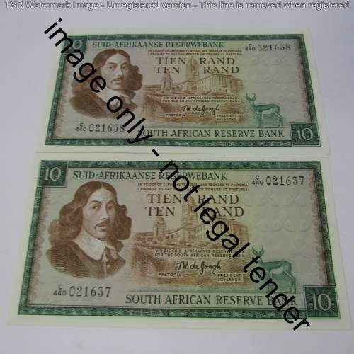 TW de Jongh 3rd issue 1975 consecutive lot of 10 x R10 banknotes