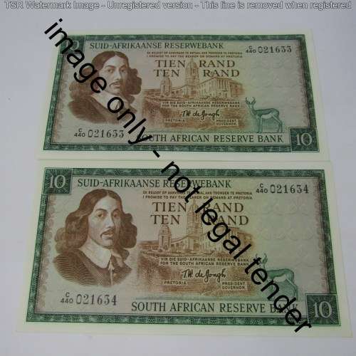 TW de Jongh 3rd issue 1975 consecutive lot of 10 x R10 banknotes