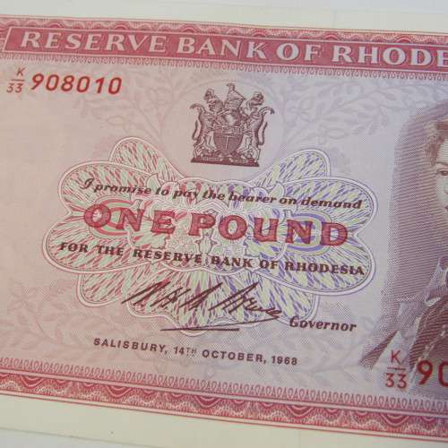 Rhodesia 1968 One Pound note UNC but light creases - sold as AU note