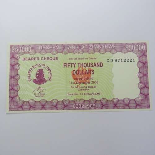 Zimbabwe $50000 bearer cheque 1 February 2006 uncirculated CW 63
