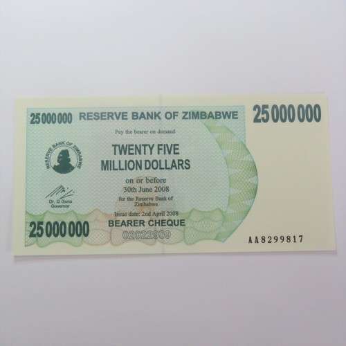 Zimbabwe $25000000 Bearer cheque 2 April 2008 uncirculated ZW 91