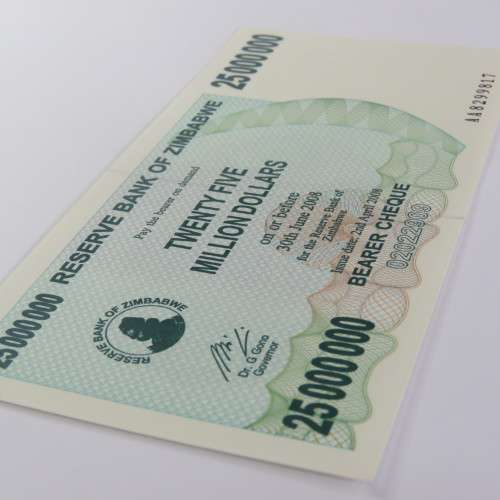 Zimbabwe $25000000 Bearer cheque 2 April 2008 uncirculated ZW 91