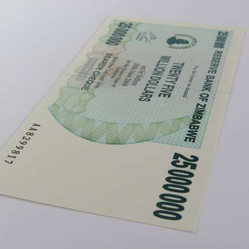 Zimbabwe $25000000 Bearer cheque 2 April 2008 uncirculated ZW 91