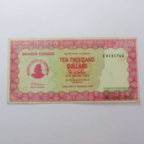 Zimbabwe $10000 bearer cheque 15 September 2003 ZW 36
