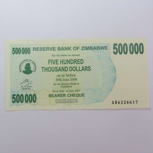 Zimbabwe $500000 bearer cheque 1 July 2007 uncirculated ZW 85