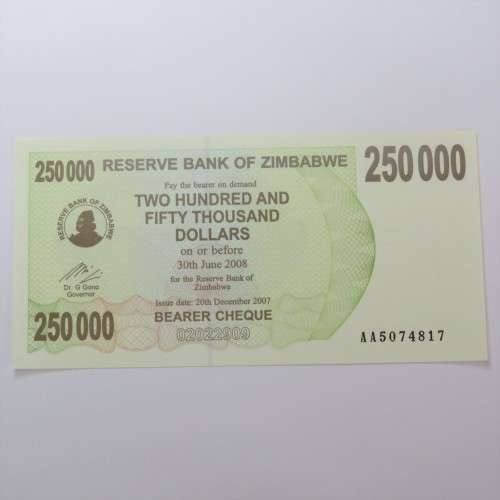 Zimbabwe $250000 bearer cheque  20 December 2007 uncirculated ZW 84