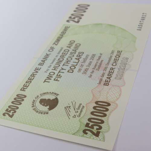 Zimbabwe $250000 bearer cheque  20 December 2007 uncirculated ZW 84