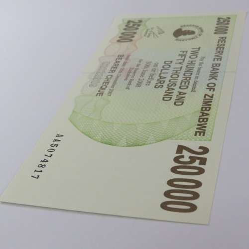 Zimbabwe $250000 bearer cheque  20 December 2007 uncirculated ZW 84
