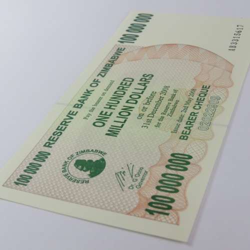 Zimbabwe $100000000 - One hundred million dollars bearer cheque 2 May 2008 uncirculated ZW 93