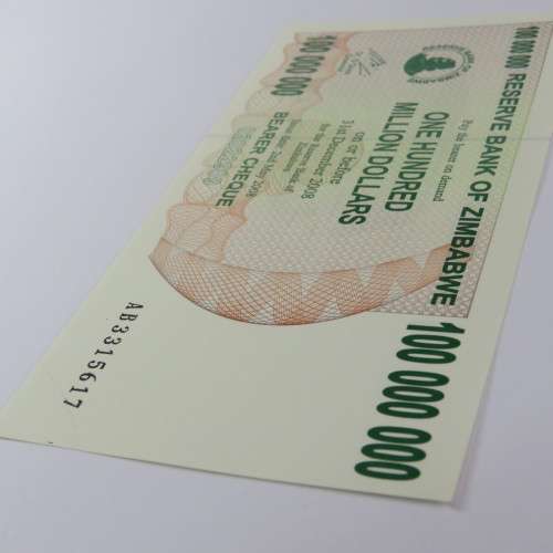 Zimbabwe $100000000 - One hundred million dollars bearer cheque 2 May 2008 uncirculated ZW 93