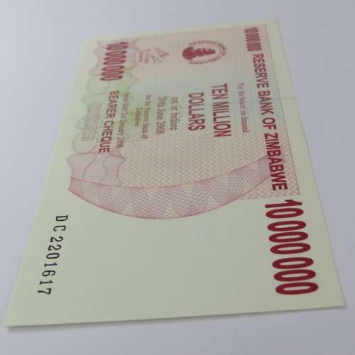 Zimbabwe $10000000 bearer cheque 1 January 2008 uncirculated ZW 90