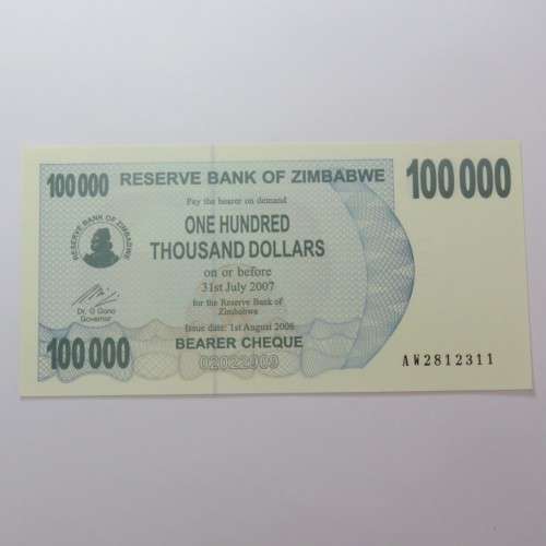 Zimbabwe $100000 bearer cheque 1 August 2006 uncirculated ZW 82