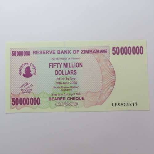 Zimbabwe $50000000 bearer cheque 2 April 2008 uncirculated ZW 92