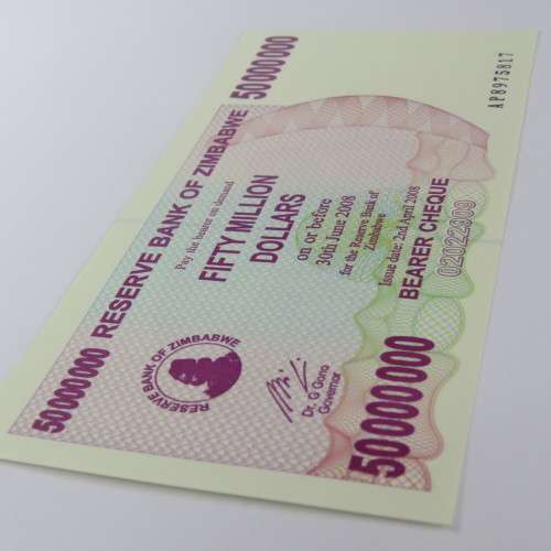 Zimbabwe $50000000 bearer cheque 2 April 2008 uncirculated ZW 92