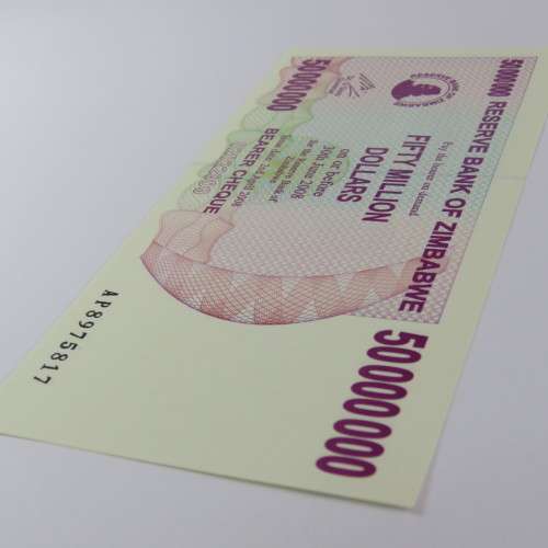 Zimbabwe $50000000 bearer cheque 2 April 2008 uncirculated ZW 92