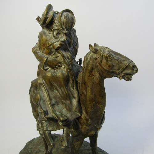1877 Bronze sculpture of soldier on horse greeting his wife - by C.F Woerffil