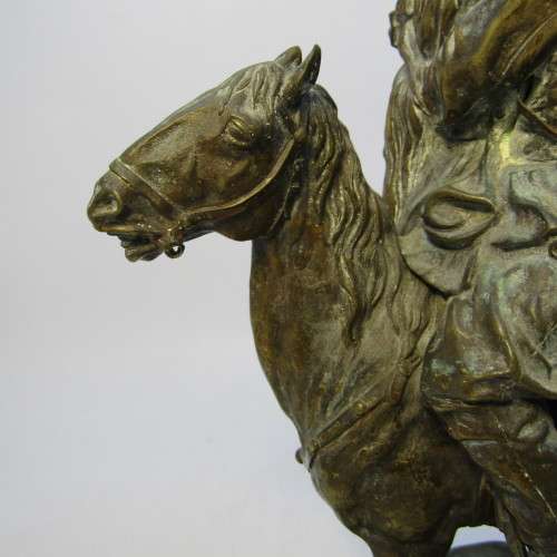 1877 Bronze sculpture of soldier on horse greeting his wife - by C.F Woerffil