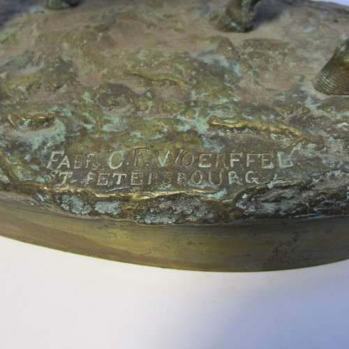 1877 Bronze sculpture of soldier on horse greeting his wife - by C.F Woerffil