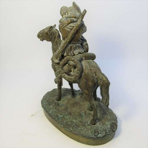 1877 Bronze sculpture of soldier on horse greeting his wife - by C.F Woerffil