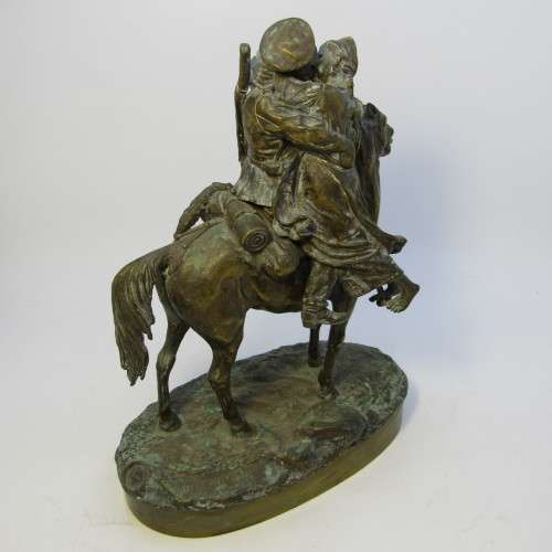 1877 Bronze sculpture of soldier on horse greeting his wife - by C.F Woerffil