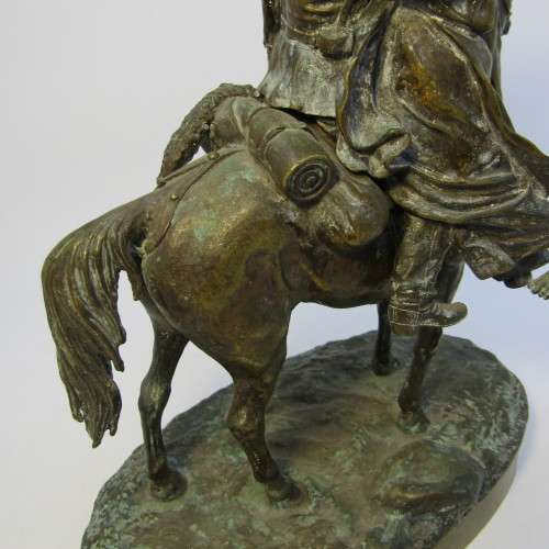 1877 Bronze sculpture of soldier on horse greeting his wife - by C.F Woerffil