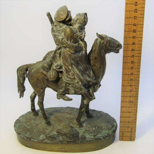 1877 Bronze sculpture of soldier on horse greeting his wife - by C.F Woerffil