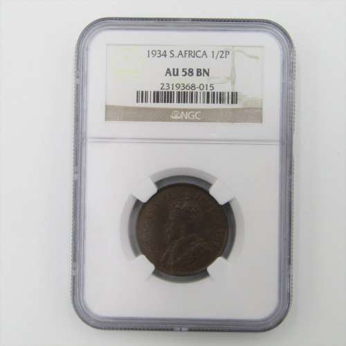 1934 SA Union 1/2d Half Penny graded AU 58 BN by NGC