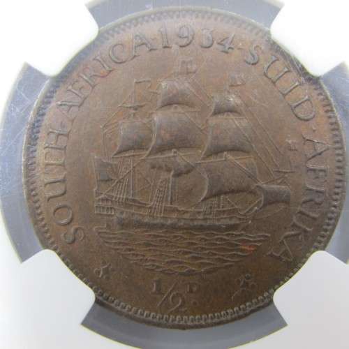 1934 SA Union 1/2d Half Penny graded AU 58 BN by NGC