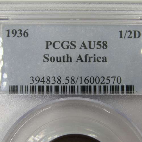 1936 SA Union 1/2d Half Penny graded AU58 by PCGS