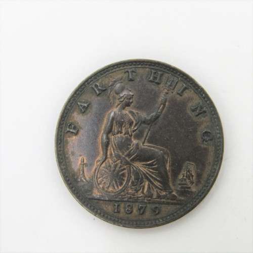 1879 Great Britain Victoria Farthing - AU + with mint lustre