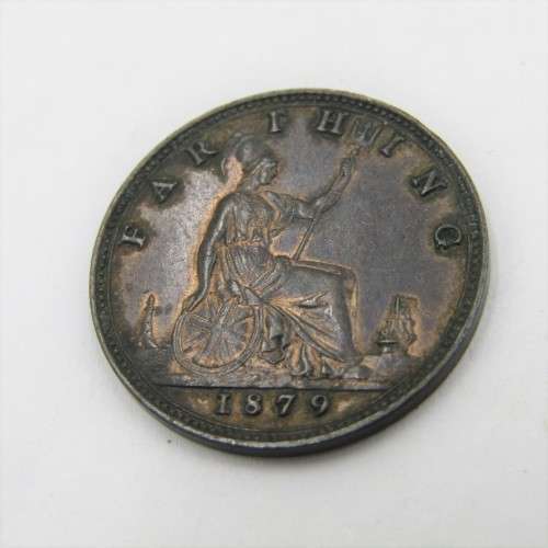 1879 Great Britain Victoria Farthing - AU + with mint lustre