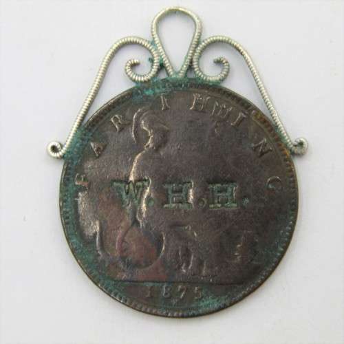 1875 Great Britain Victoria Farthing - made into pendant stamped WHH
