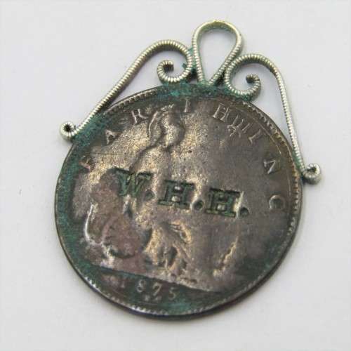 1875 Great Britain Victoria Farthing - made into pendant stamped WHH