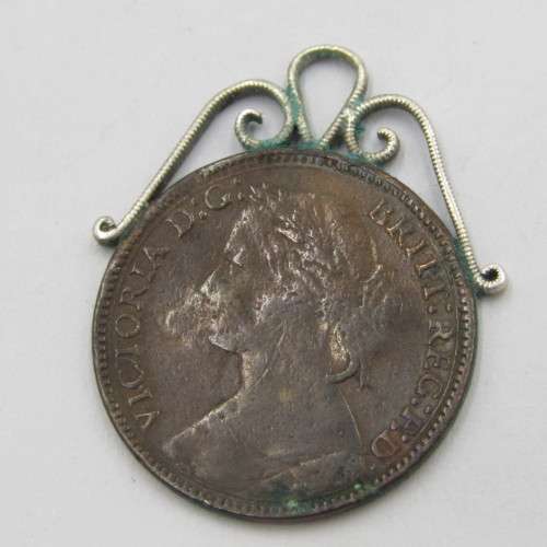 1875 Great Britain Victoria Farthing - made into pendant stamped WHH