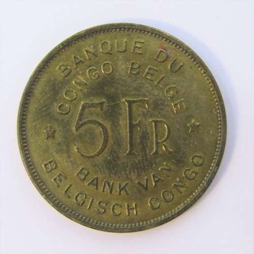 1947 Belgium Congo 5 Franc with cracked die through head of elephant - XF