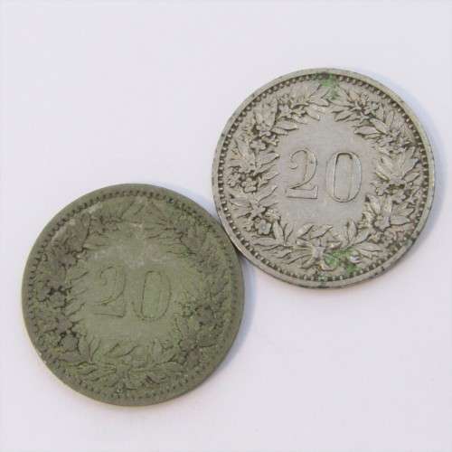 1884 and 1885 Switzerland 20 Rappen coins