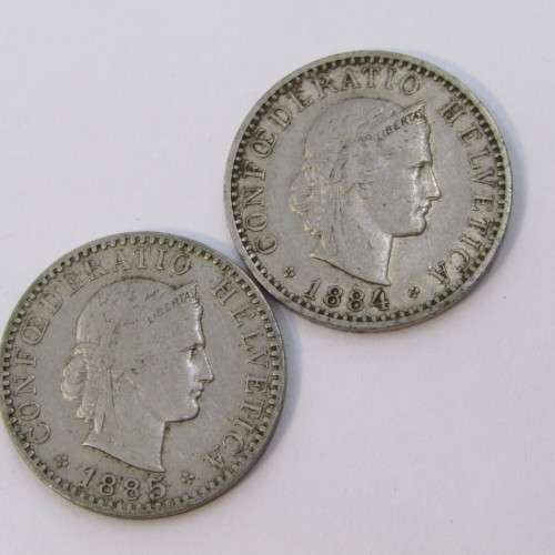 1884 and 1885 Switzerland 20 Rappen coins