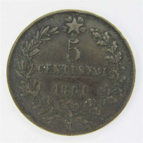 1861 Italy 5 Centesimi  - `M` mintstruk