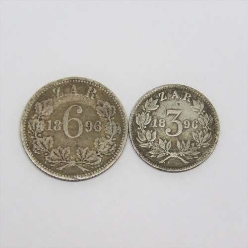 1896 ZAR Paul Kruger 3d and 6d well used tickey and sixpence