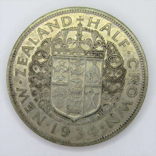 1934 New Zealand Silver Half Crown - VF+/XF