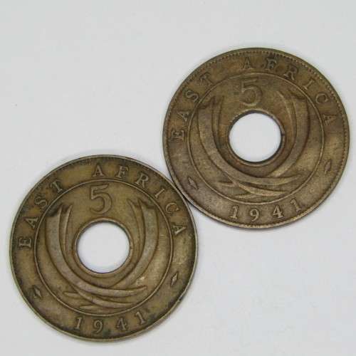 1941 set of 2 East Africa 5 Cent coins - `I` mintmark and no mintmark