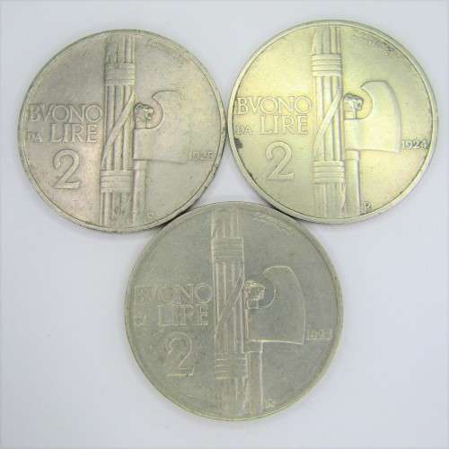 Lot of 3 Italy 2 Lire coins - 1925, 1926 and 1927