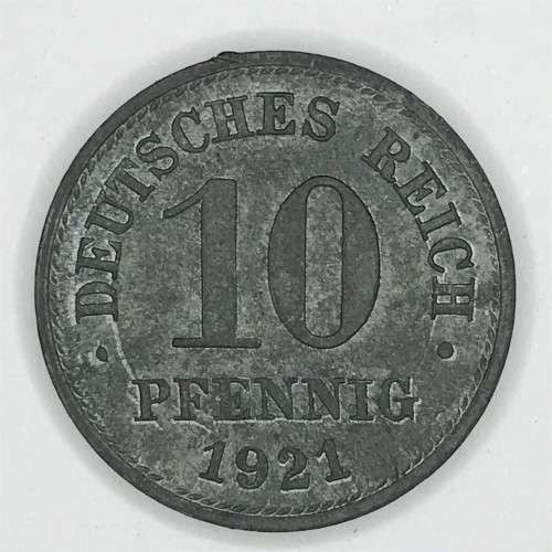 1921 German 10 Pfennig - error coin - zinc residue on rim - AU