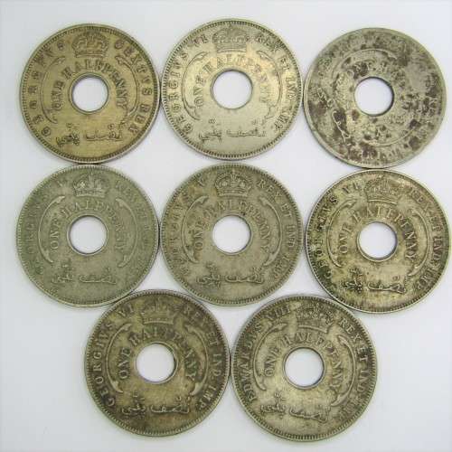 Lot of 8 British West Africa Half Pennies - 1916, 1919, 1935, 1936, 1937, 1944, 1947 and 1949