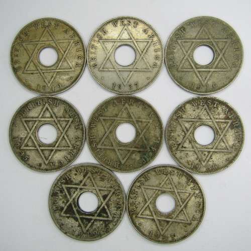 Lot of 8 British West Africa Half Pennies - 1916, 1919, 1935, 1936, 1937, 1944, 1947 and 1949
